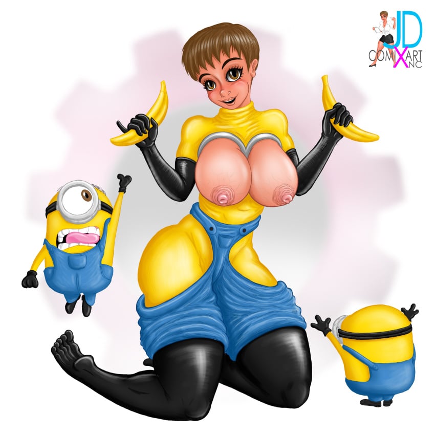 areolae banana big_breasts bodysuit breasts despicable_me hard_nipples illumination_entertainment jdcxart large_areolae meme meme_attire minion oc outfit sexy_minion_outfit short_hair tan_body tan_skin vein veiny_breasts yellow_body