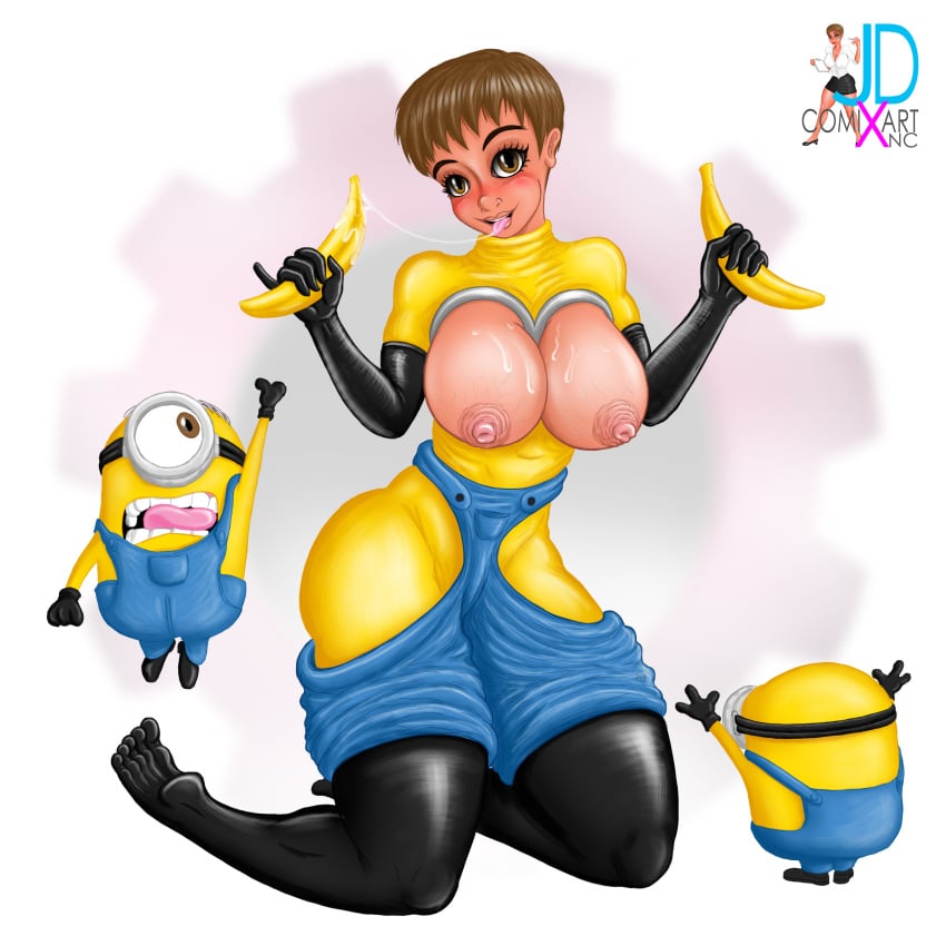 areolae banana big_breasts bodysuit breasts cum cum_on_breasts cumshot despicable_me dripping drooling hard_nipples illumination_entertainment jdcxart large_areolae meme meme_attire minion oc outfit saliva sexy_minion_outfit short_hair tan_body tan_skin tongue tongue_out wet_body yellow_body