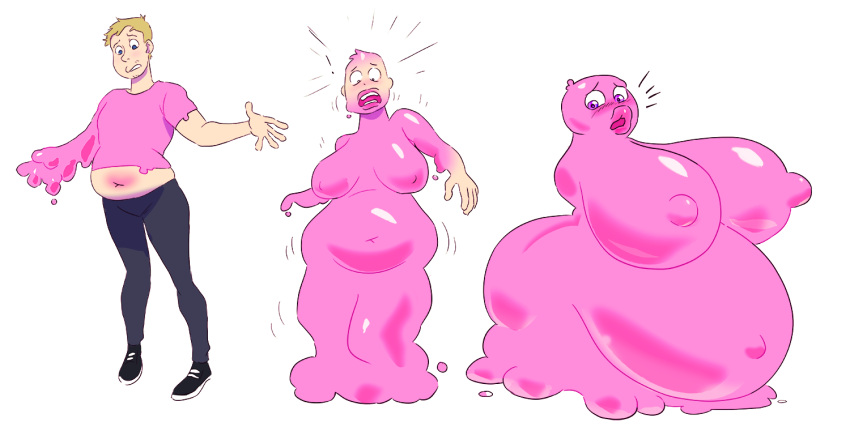 2021 big_belly big_lips bimbo bimbofication blonde_hair blush blushing breast_growth breasts_bigger_than_head chunkowitz digital_media_(artwork) erect_nipples hi_res high_resolution highres huge_breasts jeans looking_down original pink_eyes pink_skin png simple_background slime_monster slime_transformation t-shirt transformation white_background