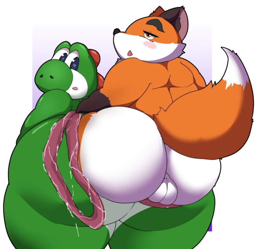 absurd_res adult anthro ass canid canine duo fox hi_res kusosensei male mammal mario_(series) nintendo nude surprise tired vore yoshi