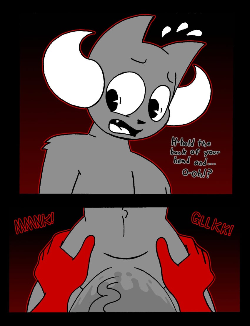 anthro axel_(rexon02) comic dialogue doll_(rexon02) dott_(rexon02) duo english_text fellatio fellatio_pov female genitals grey_body hi_res horn lagomorph leporid male male/female mammal oral oral_penetration penetration penile penis pov rabbit red_body rexon02 sex taker_pov text vein veiny_penis