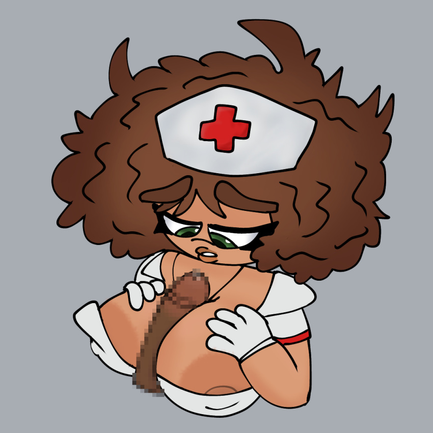 areola areola_slip areolae boobjob breasts brown_hair censored_penis couple dark-skinned_male dark_penis disembodied_penis female frisky frisky_flakes gloves green_eyes interracial jossy latina mexican mexican_female nurse nurse_uniform pixelated_penis