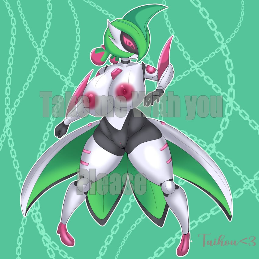 adoptable female_focus female_only female_pokemon green_background green_hair huge_breasts humanoid iron_valiant paradox_pokemon pink_eyes pokémon_(species) pokemon pokemon_sv robot robot_girl robot_humanoid skirt taihoup text thick_thighs vagina