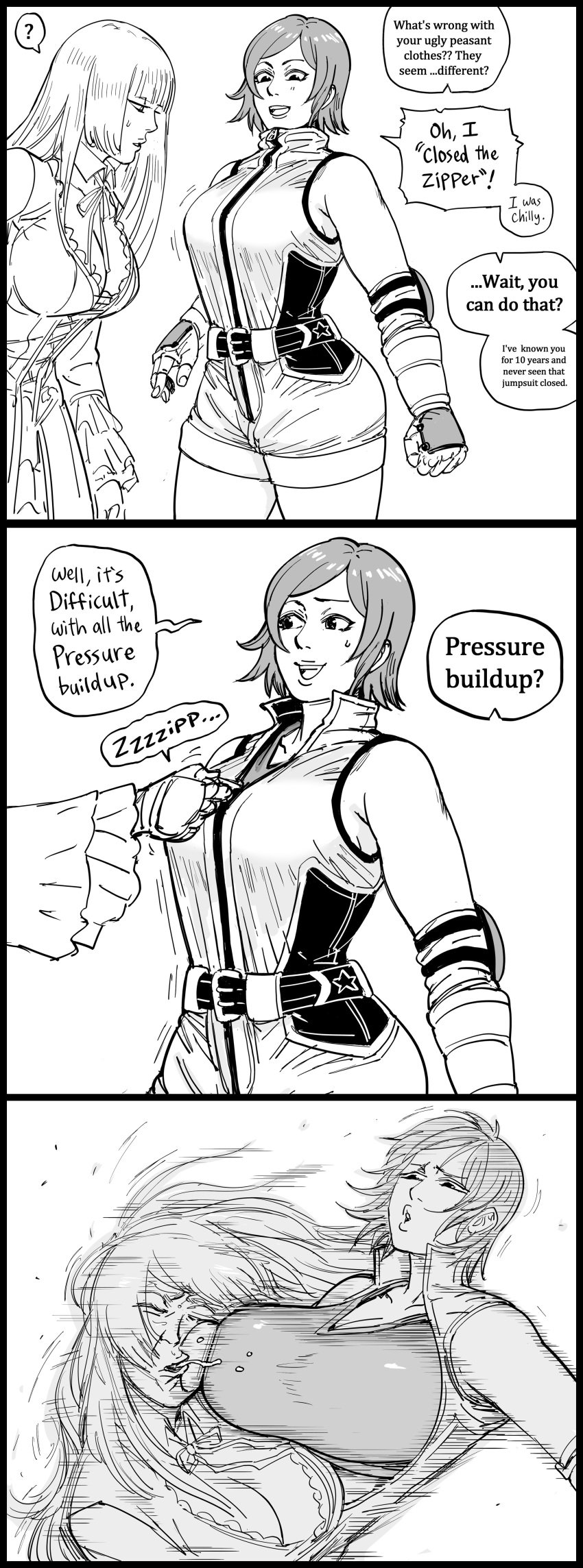 2girls absurd_res bb_(baalbuddy) big_breasts black_and_white breast_press dialogue emilie_de_rochefort english_text female female_only funny kazama_asuka motion_lines namco speech_bubble tagme tekken tekken_tag_tournament_2 three_panels unzipping white_background