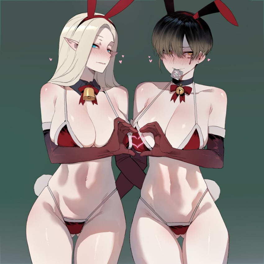 2girls animal_ears ashe_(bad_ending_party) bad_ending_party bell bikini blue_eyes blush breasts choker christmas cleavage collarbone commentary condom condom_in_mouth condom_wrapper cowbell detached_collar elbow_gloves elf fake_animal_ears female female_only gloves gluteal_fold heart highres jingle_bell korean_commentary large_breasts long_hair looking_at_viewer looking_to_the_side micro_bikini mouth_hold multiple_girls navel original parted_lips pointy_ears rabbit_tail ratatatat74 rei_(bad_ending_party) revealing_clothes revision santa_bikini short_hair sideboob simple_background skimpy_clothes stomach swimsuit tail thigh_gap very_short_hair