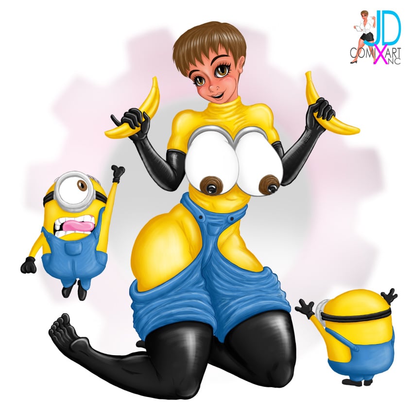 areolae banana big_breasts bodypaint bodysuit breasts despicable_me hard_nipples illumination_entertainment jdcxart large_areolae meme meme_attire minion oc outfit sexy_minion_outfit short_hair tan_body tan_skin yellow_body