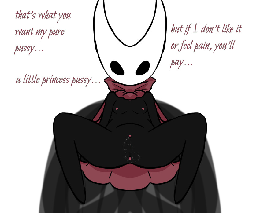 bodily_fluids cape cloak female flat_chested genital_fluids genitals hi_res hollow_knight honeyu hood hornet_(hollow_knight) male male/female nipples presenting presenting_pussy pussy pussy_juice red_cape solo spread_legs spreading tagme team_cherry text