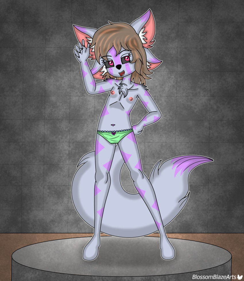 absurd_res anthro biomechanical blossomblaze canid canine canis chest_fur clothing fan_character female freckles green_clothing green_panties green_underwear hi_res humanoid hybrid looking_at_viewer mammal nipples panties raised_arm smile smiling_at_viewer solo spread_legs spreading underwear wolf