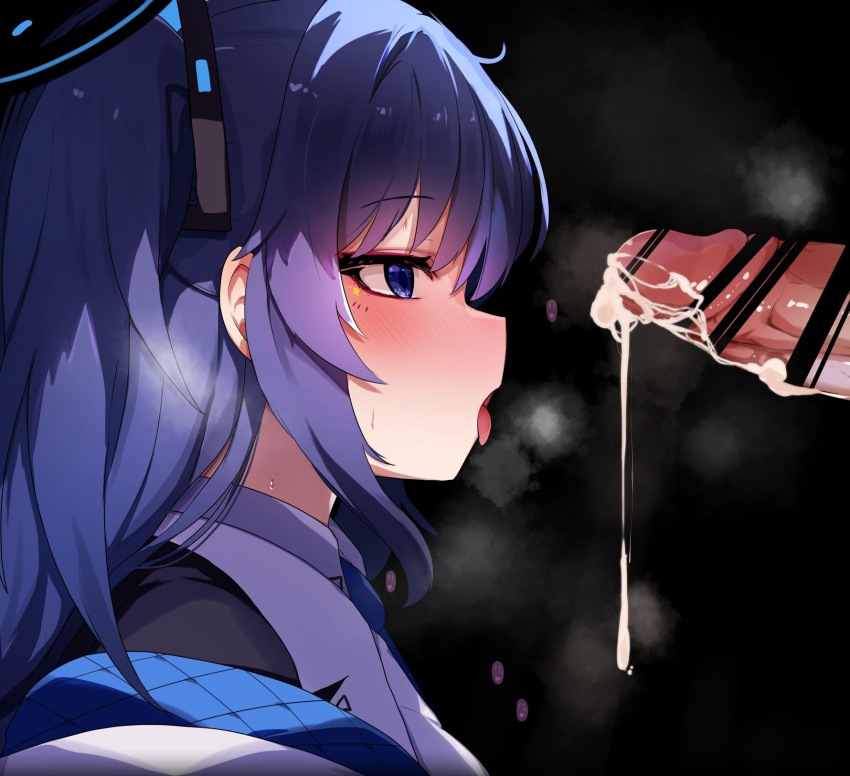 1boy bar_censor black_background blue_archive blue_eyes blush censored collared_shirt cum_on_penis erection female from_side halo highres jacket long_hair looking_at_penis open_mouth penis purple_hair rai_(sakuranbo_sugar) rai_e_ru shirt simple_background solo_focus straight tongue tongue_out twintails two_side_up white_jacket yuuka_(blue_archive)