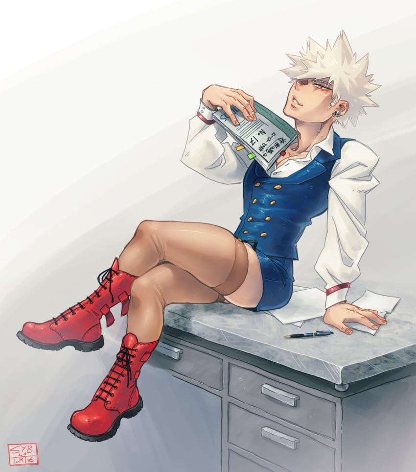 1boy boots crossdressing drawers earrings femboy filing_cabinet garter_straps katsuki_bakugou knee_boots male male_only miniskirt my_hero_academia office office_lady open_shirt syblatortue thighhighs trap twink white_hair