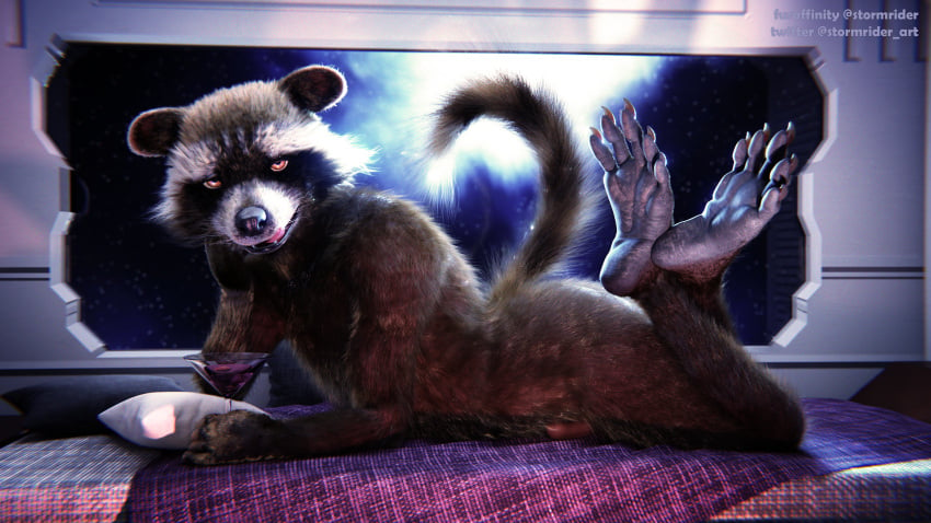 3d_(artwork) absurd_res alcohol beverage blender_(software) claws cocktail digital_media_(artwork) feet flirting genitals guardians_of_the_galaxy hi_res hindpaw licking licking_lips male male_only mammal marvel no_humans paws penis procyonid raccoon rocket_raccoon soles solo space stormrider toes tongue tongue_out