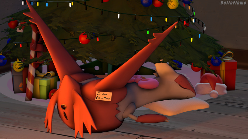 3d_(artwork) absurd_res anus candy candy_cane christmas christmas_clothing christmas_headwear christmas_lights christmas_ornament christmas_present christmas_tree clothing deltaflame dessert digital_media_(artwork) english_text female feral food generation_3_pokemon genitals hat headgear headwear hi_res holidays inside latias legendary_pokemon lying nintendo on_front pillow plant pokémon_(species) pokemon pokemon_(species) pussy santa_hat sleeping smile solo source_filmmaker text tree watermark