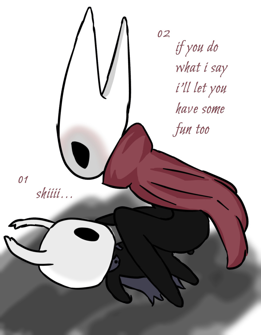 female hi_res hollow_knight honeyu hood hornet_(hollow_knight) male male/female protagonist_(hollow_knight) tagme team_cherry text