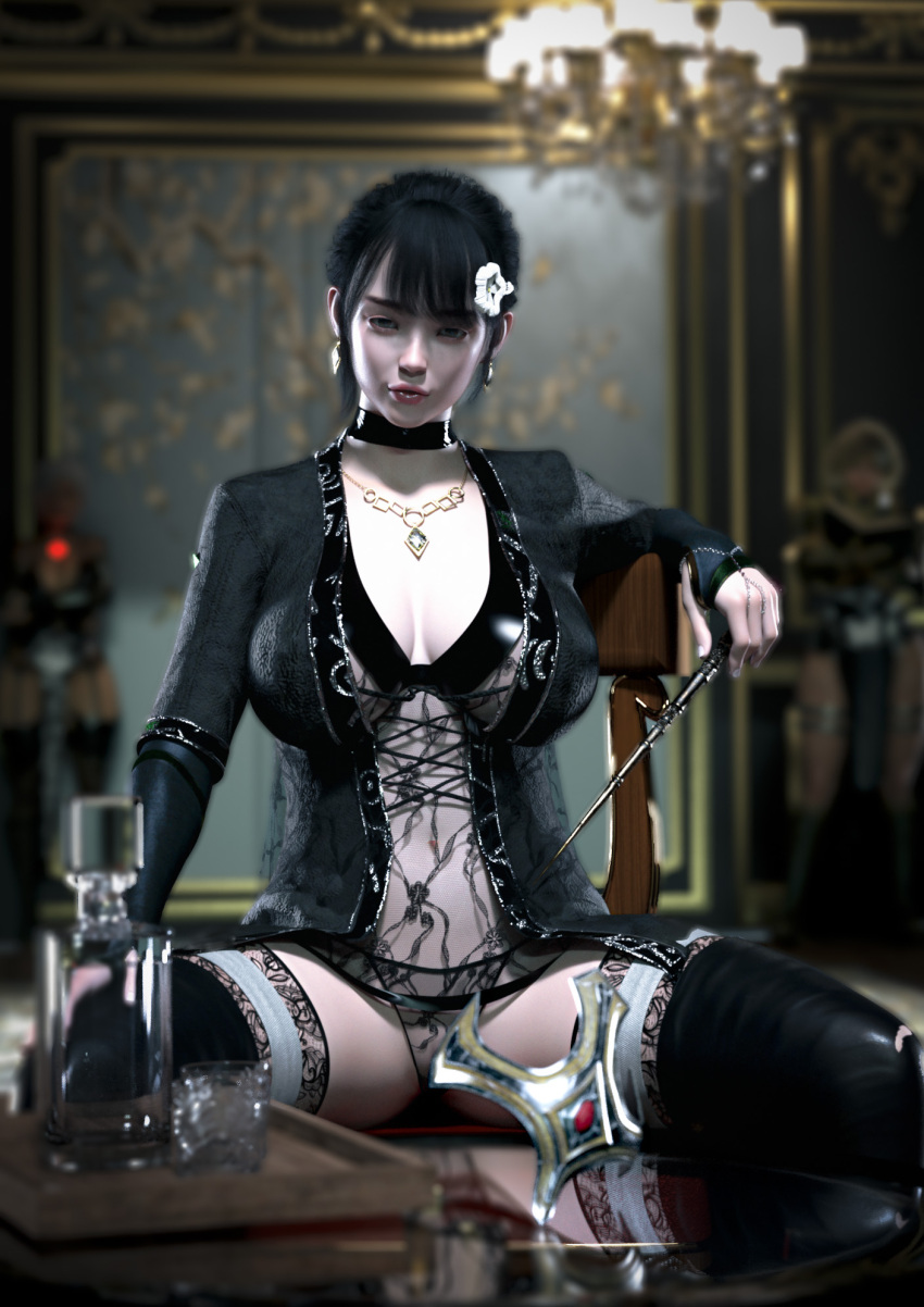 3d alcohol barely_visible_genitalia black_hair front_view original sitting table wand