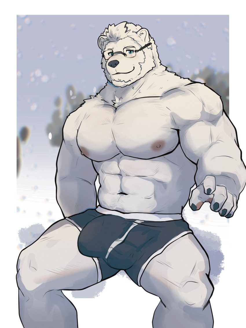 anthro bear beard black_nose blue_eyes blurred_background bottomwear boxers_(clothing) bulge clothin clothing eyewear facial_hair fur glasses hair hi_res looking_at_viewer male male_only mammal muscular nullshark1 pants polar_bear snow solo solo_male underwear ursine white_body white_fur white_hair