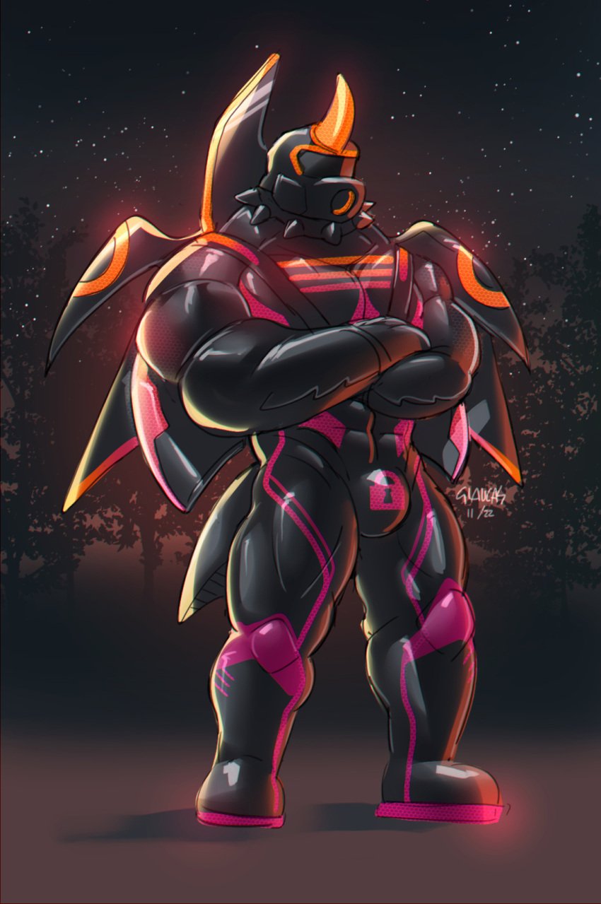 1boy anthro arms_crossed bara bara_tits beetle bondage_gear buff bulge bulge_through_clothing drone drone_suit forehead_horn forest_background furry gimp gimp_suit glaucablitz hi_res insect_humanoid insect_wings insects latex latex_bodysuit latex_clothing latex_suit lock_bulge lock_symbol male male_only mouth_gag muscles muscular muscular_legs muscular_male null_bulge nullge open_mouth_gag padlock_symbol ring_gag round_bulge rubber shiny shiny_latex solo spiked_collar straps visor watermark wings