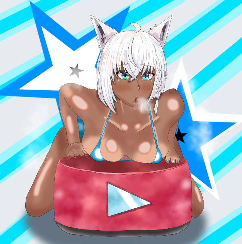 1girls ahoge alternate_breast_size alternate_persona alternate_skin_color animal_ear animal_ear_fluff animal_ears aqua_eyes background bare_arms bare_shoulders bare_thighs bikini bikini_tan blue_bikini blue_eyes blue_highlights blush braid braided_hair breast_press breasts breasts_press brown_body cushion dark-skinned_female dark_body dark_persona dark_skin eddarxart female fox_ears fox_girl gyaru hair_beads hair_between_eyes heavy_breathing highlights_(coloring) hololive hololive_gamers hololive_gen_1 hololive_japan kneeling kogal leaning leaning_forward leaning_on_object nail_polish nails nails_painted on_knees open_mouth painted_nails pillow seductive seductive_mouth shiny_skin shirakami_fubuki side_braid sidelocks sole_female solo solo_female solo_focus star star_(symbol) star_background steam steaming steaming_body streaked_hair tan tan_body tan_skin tanline tanlines thighhighs virtual_youtuber vtuber white_hair youtube_logo