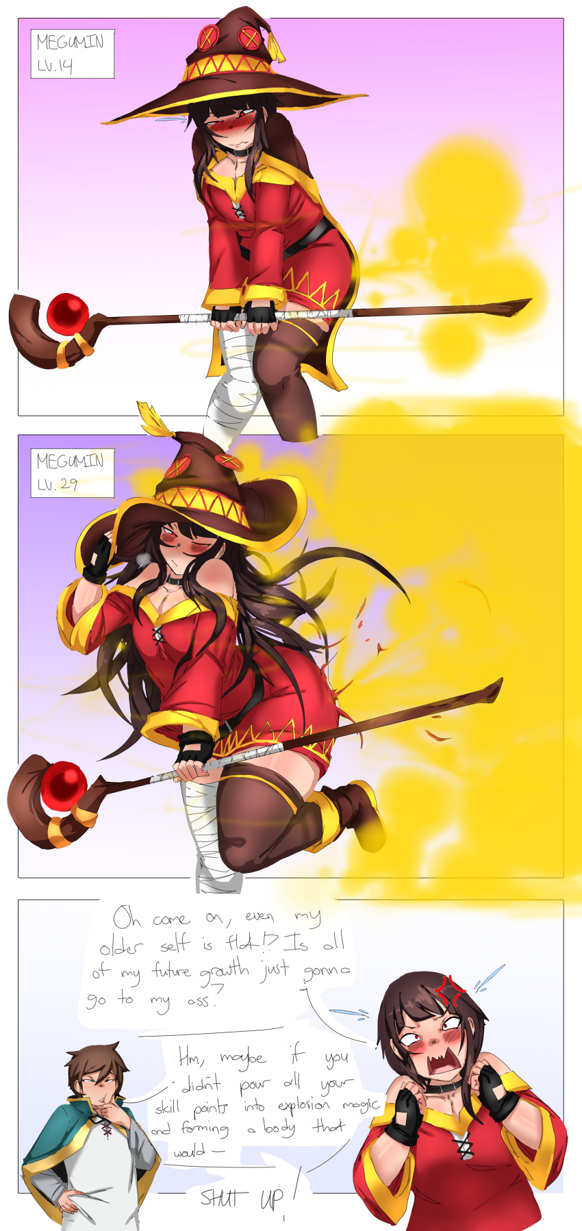 1boy 1girls big_ass big_butt black_legwear blush brown_hair english_text fart fart_cloud fart_fetish farting kono_subarashii_sekai_ni_shukufuku_wo! lazei legwear megumin one_eye_closed powerful_fart red_eyes satou_kazuma standing text thick_thighs transformation wand white_legwear witch witch_hat