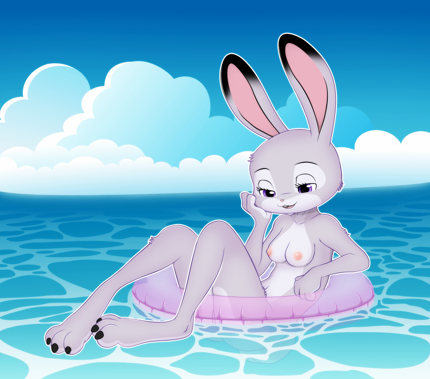 absurd_res anthro beach claws dipstick_ears disney exposed feet female hi_res inflatable inner_tube judy_hopps lagomorph leporid mammal multicolored_ears nipples nude partially_submerged purple_eyes rabbit relaxing seaside sky small_breasts solo toe_claws unolvidadomas water zootopia