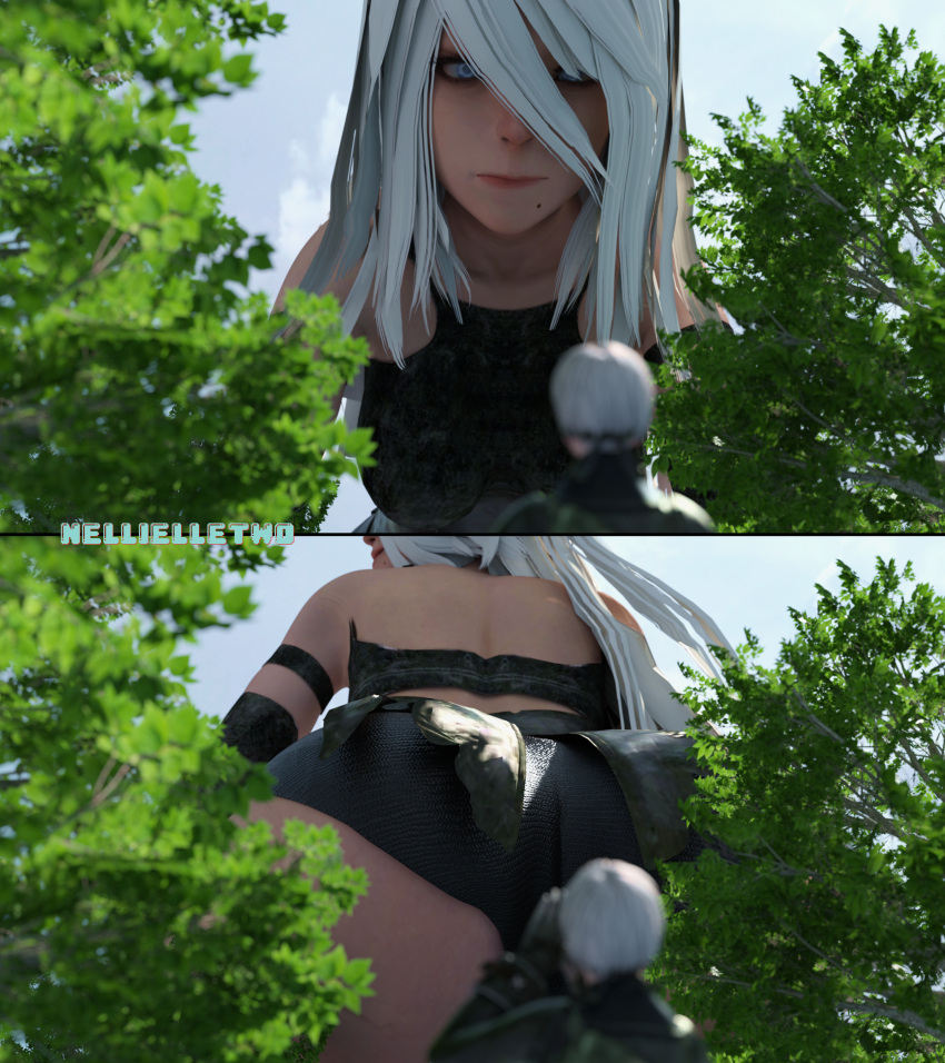 1boy 1girls 3d ass big_ass breasts female giantess light-skinned_female light-skinned_male light_skin long_hair low-angle_view macro male micro nellielle2 nier nier:_automata pov size_difference smaller_male white_hair yorha_9s yorha_a2