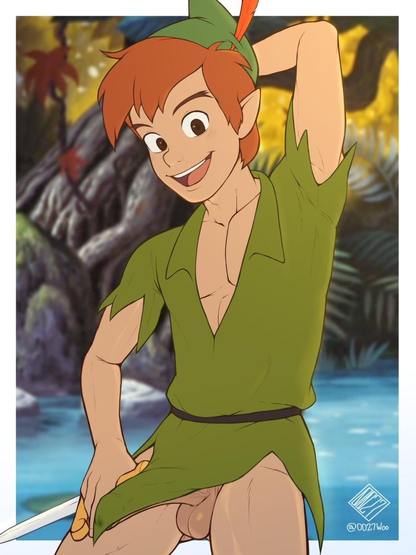 0027woo abs balls brown_eyes clothed clothing foreskin ginger ginger_hair hat human male male_focus male_only muscular muscular_male penis peter_pan_(character) smile testicles uncircumcised