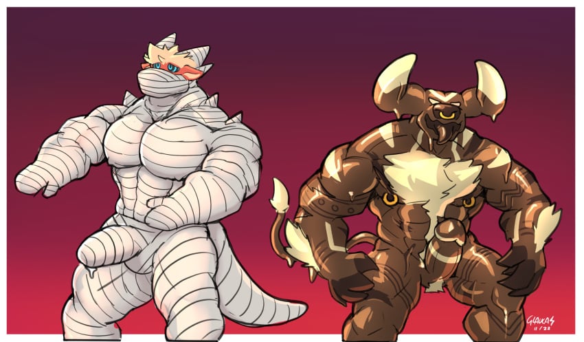 2boys anthro arms_in_front balls bara bovid buff bull bull_horns candy candy_creature chest_fur chest_tuft chocolate chocolate_creature covered_penis derg dragon dripping_cum erect_penis erection food_creature fur furred_dragon furry gay glauca_(glaucablitz) glaucablitz halloween halloween_costume hypnosis male male_only melting minotaur monster mummification mummy_costume mummy_wrappings muscles muscular muscular_male nipple_piercing nipple_rings nipples nipples_visible_through_clothing nose_ring penis precum precum_drip pubic_hair scalie spiral_eyes tail tongue_out transformation yaoi zombie_pose