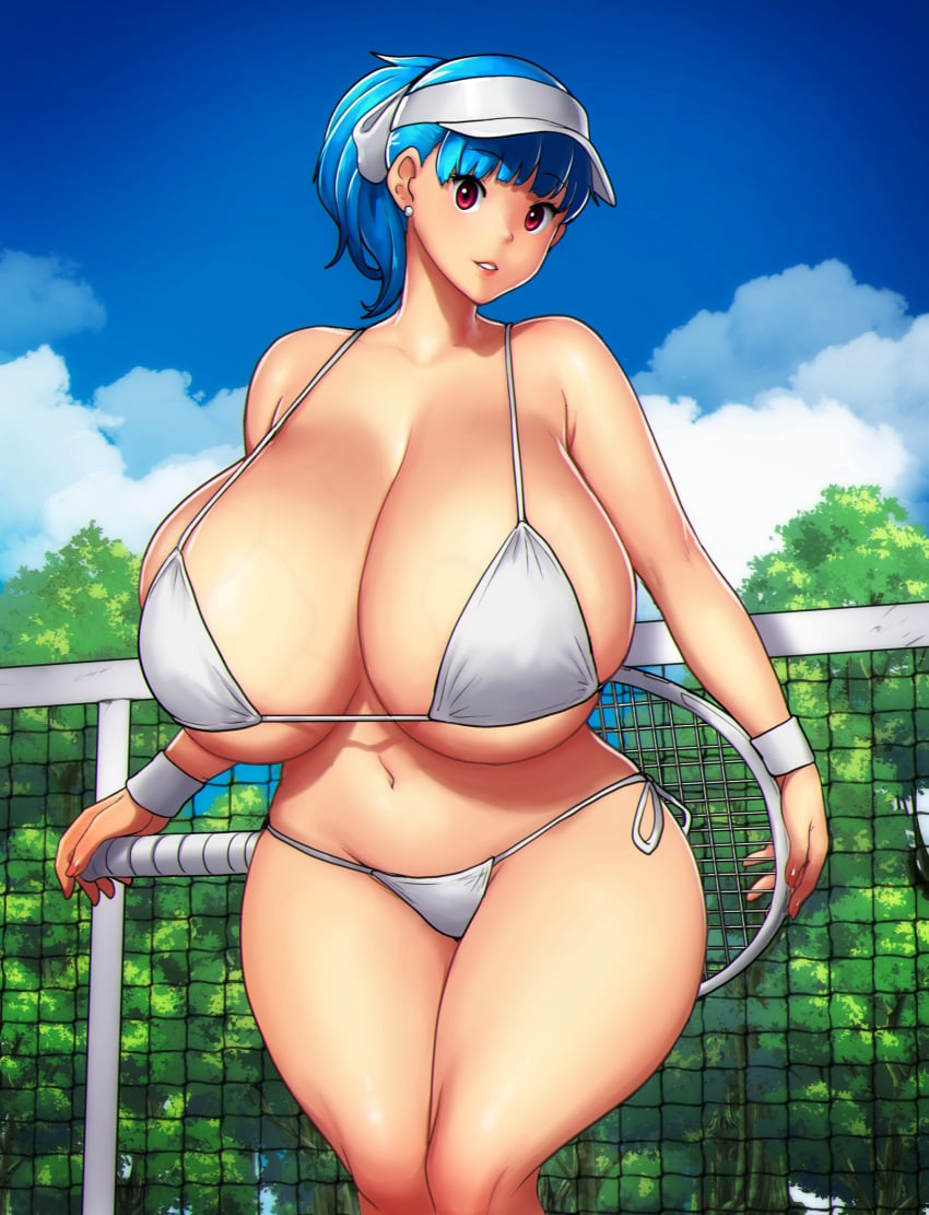 1girls absurdres bakunyuu bangs bare_shoulders belly_button bikini bikini_bottom bikini_top blue_hair blue_hair_female blue_ponytail blue_sky blunt_bangs breasts bursting_breasts candy_blue_hair cleavage cloud clouds cloudy_sky collarbone curvaceous day earrings enormous_breasts erkaz erkaz_(artist) erkazooya errorkazoo feet_out_of_frame fingernail_polish fingernails front_heavy_breasts hair_ribbon hat headwear heavy_breasts hi_res high_resolution highres hips holding_object holding_racket holding_tennis_racket hourglass_figure huge_breasts huge_cleavage jewelry looking_at_viewer massive_breasts nail_polish nature nature_background navel original original_character outdoors outside parted_lips ponytail racket red_eyes red_eyes_female ribbon rina_atherina rina_atherina_(errorkazoo) shiny_skin short_blue_hair short_hair short_hair_female sky solo solo_female standing standing_female stud_earrings sweatband swimsuit swimsuit_bottom swimsuit_top tennis tennis_court tennis_net tennis_racket thick_thighs top_heavy tree underboob veins veiny_breasts visor_cap voluptuous voluptuous_female white_bikini white_bikini_bottom white_bikini_top white_clothing white_earrings white_hair_ribbon white_hat white_headwear white_ribbon white_wristband wide_hips wristwear