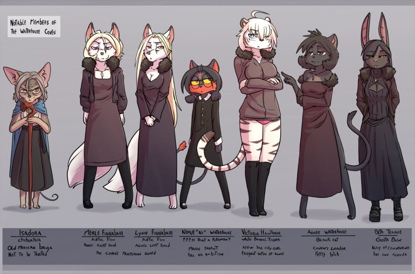 6+girls 7girls arctic_fox black_fur black_hair blonde_hair boob_window breasts bunny_ears bunny_girl cat_ears cat_girl character_sheet chihuahua domovoi_lazaroth feline female fully_clothed furry long_dress long_hair ni_(domovoi_lazaroth) original_character panties paws red_fur small_breasts stockings tail tiger_girl twintails white_fur white_hair white_tiger yellow_sclera