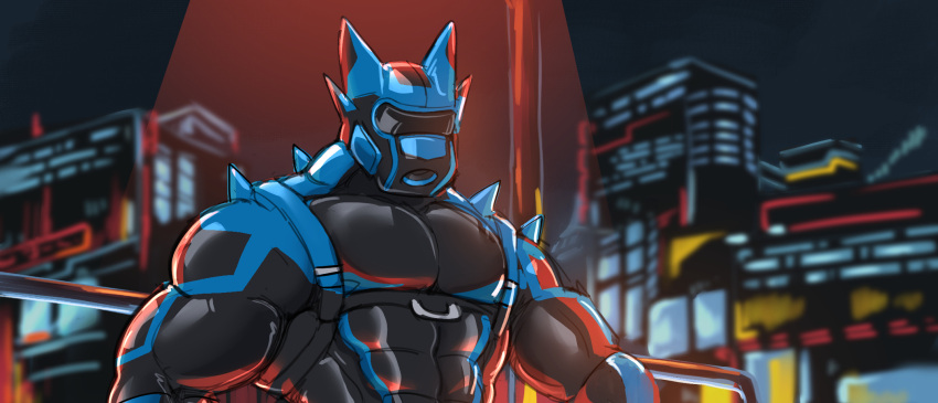 1boy anthro bara bara_tits blue_markings bondage_gear buff city city_background derg dragon drone drone_suit furry gimp glauca_(glaucablitz) glaucablitz helmet hi_res horn horns latex latex_bodysuit latex_clothing latex_suit male male_only markings mouth_gag muscles muscular muscular_male open_mouth_gag ring_gag rubber scalie sex_drone shiny shiny_latex skintight skintight_bodysuit solo spikes spikes_(anatomy) straps visor wide_image