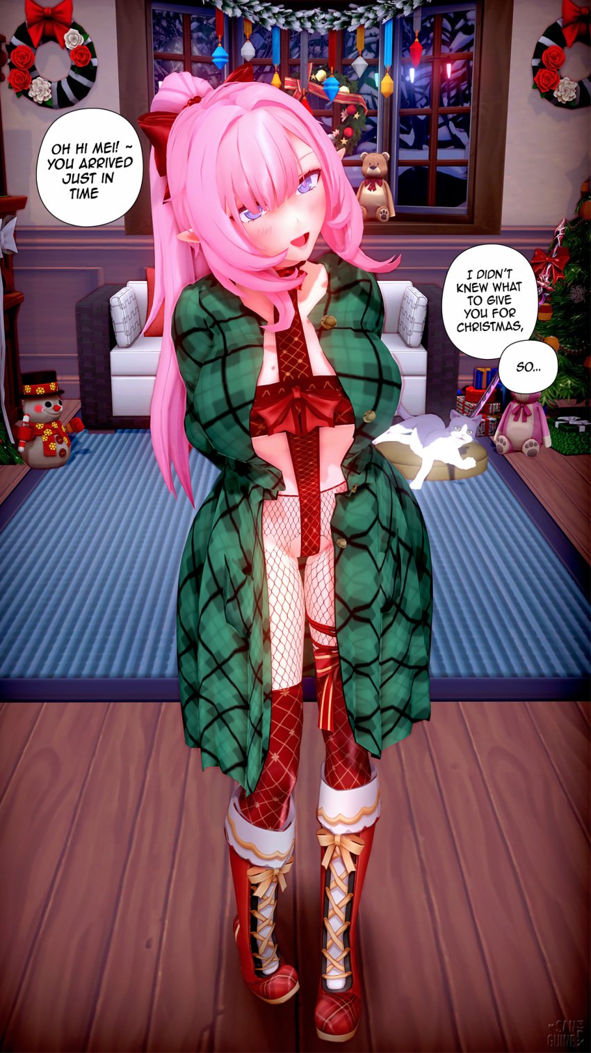 3d big_breasts boots chara_studio christmas christmas_clothing christmas_outfit christmas_tree coat dialogue elf elf_ears elf_female elf_girl elysia_(honkai_impact) feline fishnet fishnets high_heels honkai_(series) honkai_impact honkai_impact_3rd indoors koikatsu looking_at_viewer mihoyo pink_hair ponytail purple_eyes red_clothing red_shoes ribbon ribbons sanguine3dx smile smiling smiling_at_viewer speech_bubble speech_bubbles text thick_thighs thin_waist wide_hips