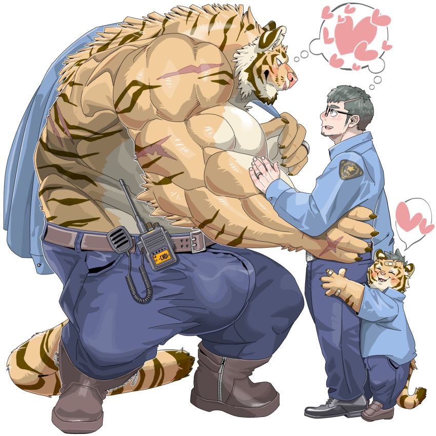 anthro arm_scar back_muscles big_bulge big_muscles blush boots bottomwear brown_hair bulge chan_kiti_chan_(artist) clothing embrace eye_contact eyewear family father father_and_child father_and_son felid footwear fur glasses group hair hand_on_arm hand_on_hip heart hi_res hug human human_on_anthro interspecies larger_anthro larger_male looking_at_another male male/male mammal multicolored_body multicolored_fur muscular muscular_anthro muscular_male pantherine pants parent parent_and_child police_uniform romantic romantic_couple scar shirtless size_difference son striped_body striped_fur stripes tiger trio uniform white_body white_fur yellow_body yellow_fur