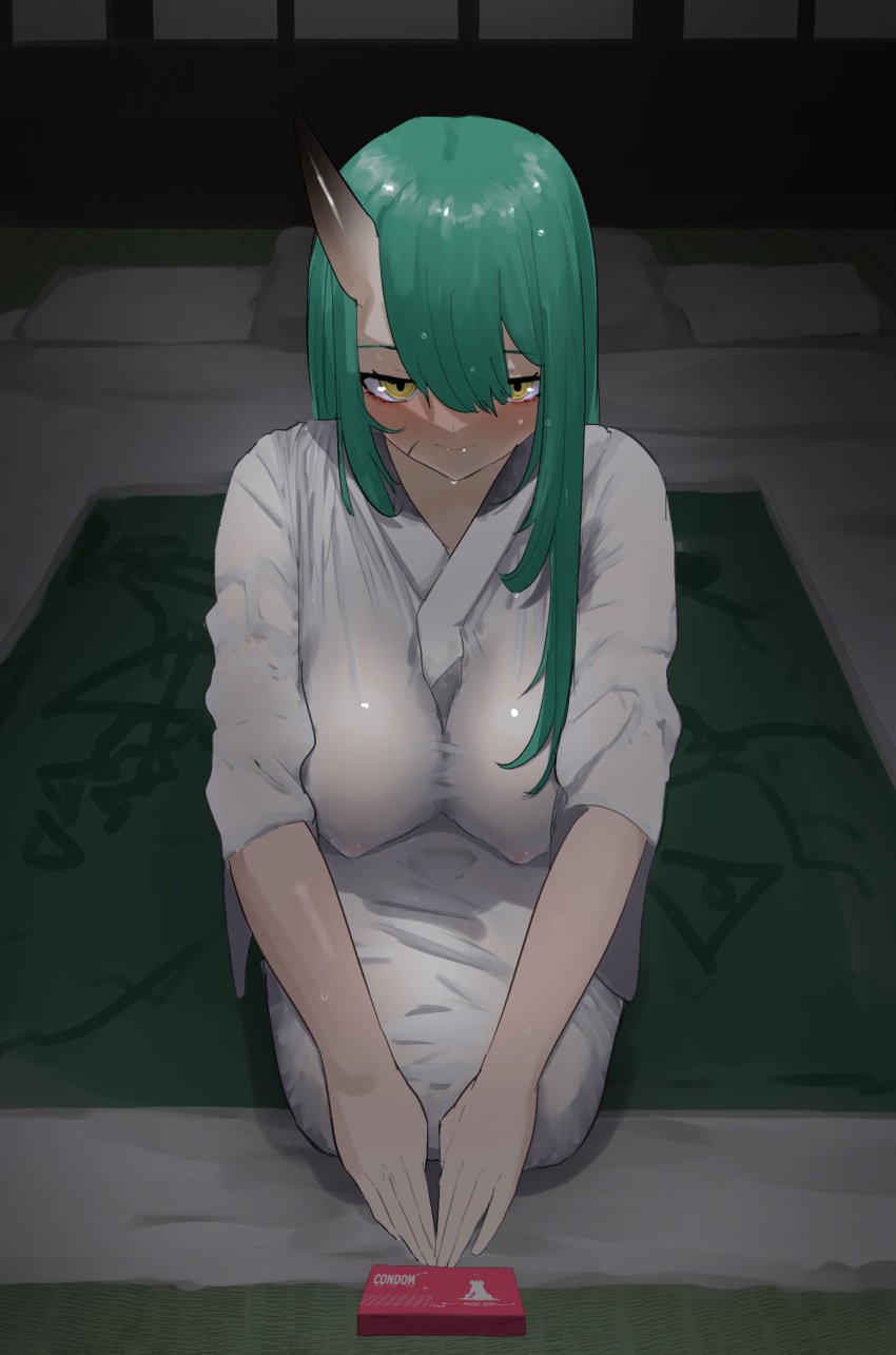 1girls abara_boner areolae arknights big_breasts blush breasts chest condom condom_box demon embarrassed erect_nipples_under_clothes face_markings female female_only green_hair hands horn hoshiguma_(arknights) imminent_sex indoors inside inviting inviting_to_sex kneeling light-skinned_female long_hair looking_at_viewer nipples nipples_visible_through_clothing offering_condom oni oni_female oni_horns robe sitting solo wet_clothes wet_hair wet_skin yellow_eyes