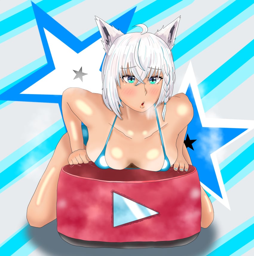 1girls ahoge alternate_breast_size animal_ear animal_ear_fluff animal_ears aqua_eyes background bare_arms bare_shoulders bare_thighs bikini bikini_tan blue_bikini blue_eyes blue_highlights blush braid braided_hair breast_press breasts breasts_press cushion eddarxart female fox_ears fox_girl hair_beads hair_between_eyes heavy_breathing highlights_(coloring) hololive hololive_gamers hololive_gen_1 hololive_japan kneeling leaning leaning_forward leaning_on_object nail_polish nails nails_painted on_knees open_mouth painted_nails pillow seductive seductive_mouth shiny_skin shirakami_fubuki side_braid sidelocks sole_female solo solo_female solo_focus star star_(symbol) star_background steam steaming steaming_body streaked_hair tan tan_body tan_skin tanline tanlines thighhighs virtual_youtuber vtuber white_hair youtube_logo