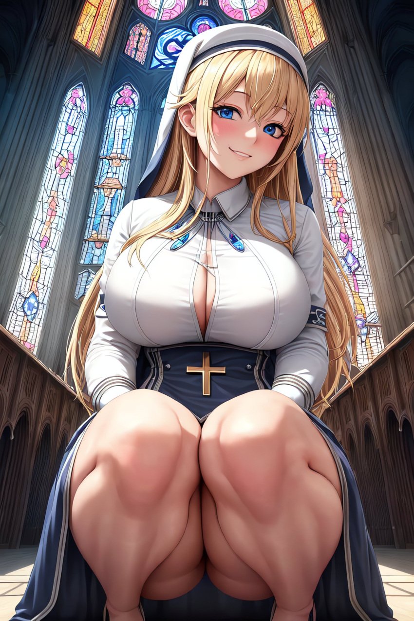 1girls 2022 ai_generated big_breasts blessing blonde_hair church_interior female_focus female_only long_hair looking_at_viewer nun nun_outfit original seductive_look solo stable_diffusion tagme thick_thighs voluptuous_female