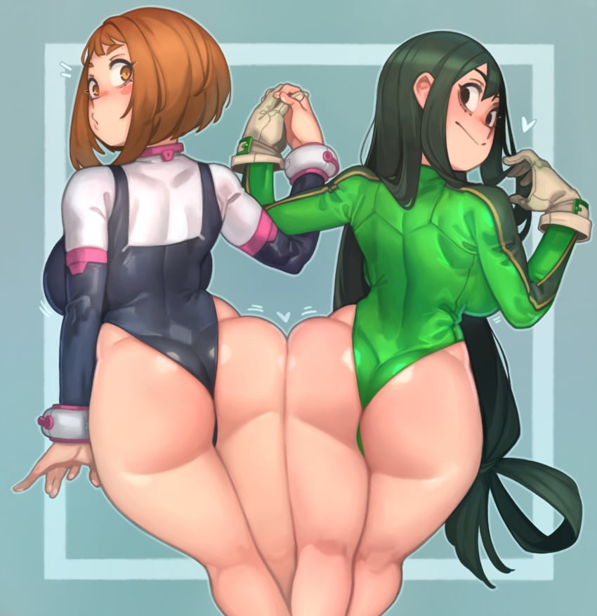 2d 2girls ass ass_docking ass_to_ass back back_view brown_hair bubble_butt female green_hair hero_outfit_(mha) highres hips holding_hands huge_ass kelvin_hiu leotard light-skinned_female long_hair my_hero_academia ochako_uraraka ochako_uraraka_(hero_outfit) short_hair slim_waist thick_thighs thighs tsuyu_asui wedgie wide_hips