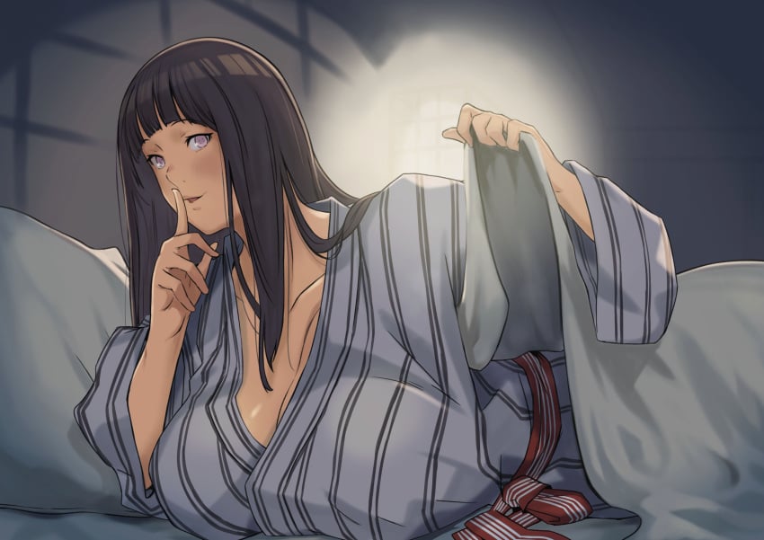 1girls arad_baranga bed_invitation big_breasts breasts busty cleavage curvaceous curvy curvy_body curvy_female curvy_figure female huge_breasts hyuuga_hinata inviting_under_covers kimono large_breasts naruto naruto:_the_last naruto_(series) naruto_shippuden voluptuous