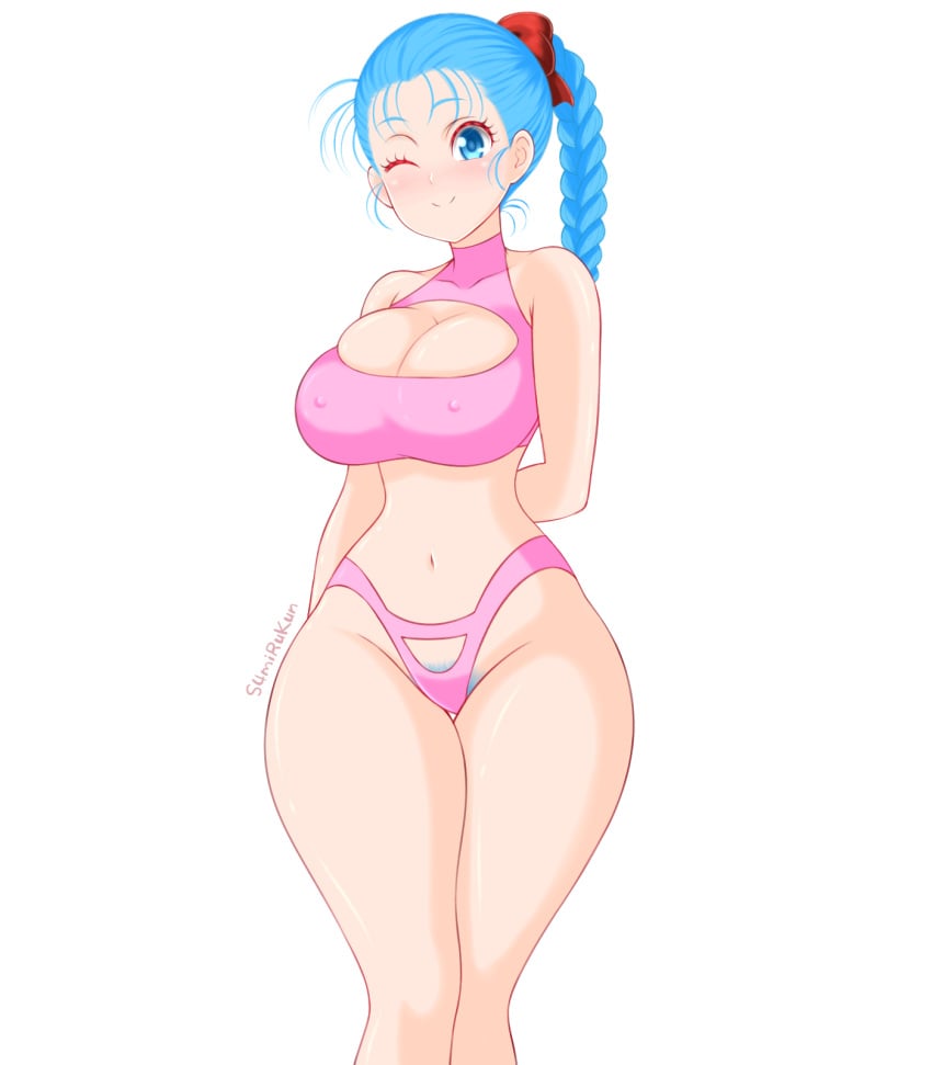 bikini blue_eyes blue_hair braid brown_hair bulma_briefs dragon_ball dragon_ball_super dragon_ball_z huge_breasts pubic_hair s4mirukun solo swimsuit teenage_bulma teenager thick_thighs