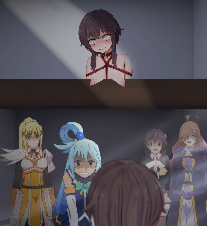 2girls 5girls abuse afraid aqua_(konosuba) aqua_hair blonde_hair blue_hair breast_torture brown_hair brunette bullying crying crying_with_eyes_open darkness_(konosuba) empty_eyes female female_only femsub hammer kono_subarashii_sekai_ni_shukufuku_wo! lezdom light_blue_hair mallet megumin multiple_girls nipple_torture pain red_eyes revenge ruined_breasts ryona scared scared_expression table torture wiz_(konosuba) yandere yunyun_(konosuba) yuri