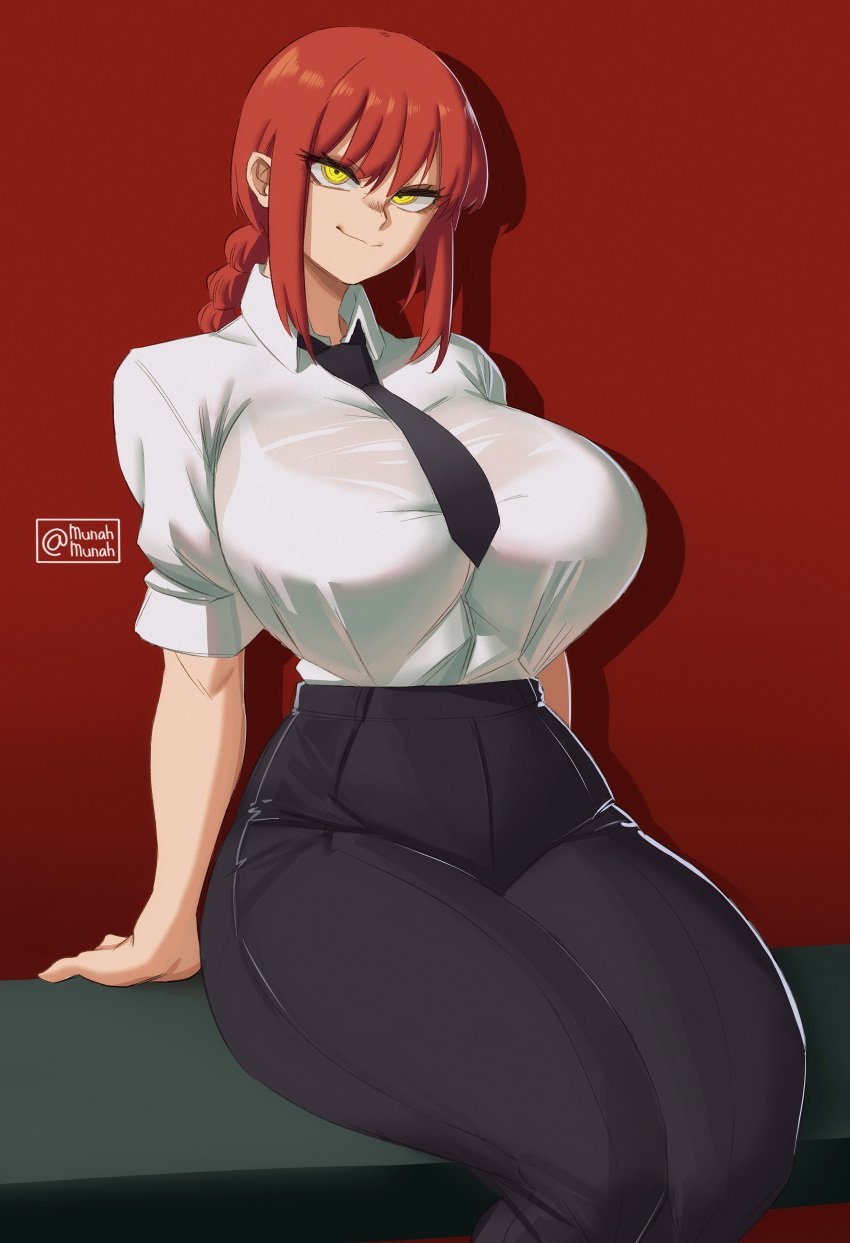 1girls 2d big_breasts bra bra_visible_through_clothes braided_hair breasts chainsaw_man curvy eye_contact female female_only fully_clothed huge_breasts long_hair looking_at_viewer mai_munah makima_(chainsaw_man) mature_female mature_woman office_clothing office_lady red_hair shirt_tucked_in sitting smile solo thick_ass thick_thighs thighs tight_clothing tucked_shirt wide_hips yellow_eyes