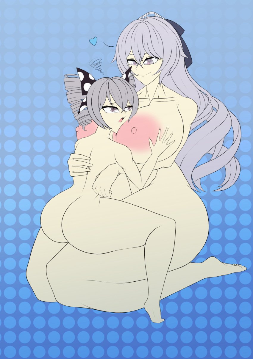 2girls accessory areolae bangs breast_grab bronya_zaychik bronya_zaychik_(silverwing:_n-ex) dragonbreaker dual_persona duo face_in_breasts grey_eyes grey_hair honkai_(series) honkai_impact_3rd huge_ass huge_breasts jealous larger_female looking_at_another looking_at_partner looking_up multiple_girls nude nude_female older_female ribbon selfcest silver_eyes silver_hair sitting sitting_on_lap smaller_female smiling thick_thighs tiara twintails younger_female