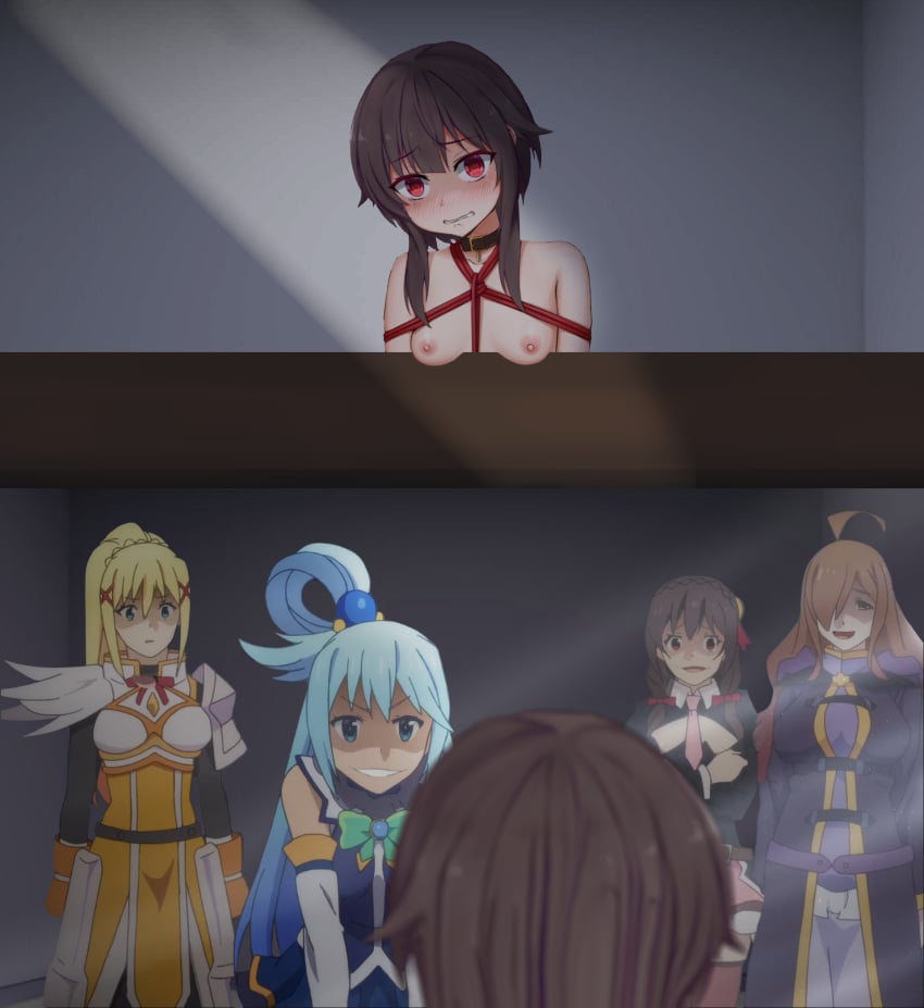 5girls abuse afraid aqua_(konosuba) aqua_hair blonde_hair blue_hair breast_torture brown_hair brunette bullying crying crying_with_eyes_open darkness_(konosuba) empty_eyes female female_only femsub hammer kono_subarashii_sekai_ni_shukufuku_wo! lezdom light_blue_hair mallet megumin multiple_girls nipple_torture pain red_eyes revenge ruined_breasts ryona scared scared_expression table torture wiz_(konosuba) yandere yunyun_(konosuba) yuri