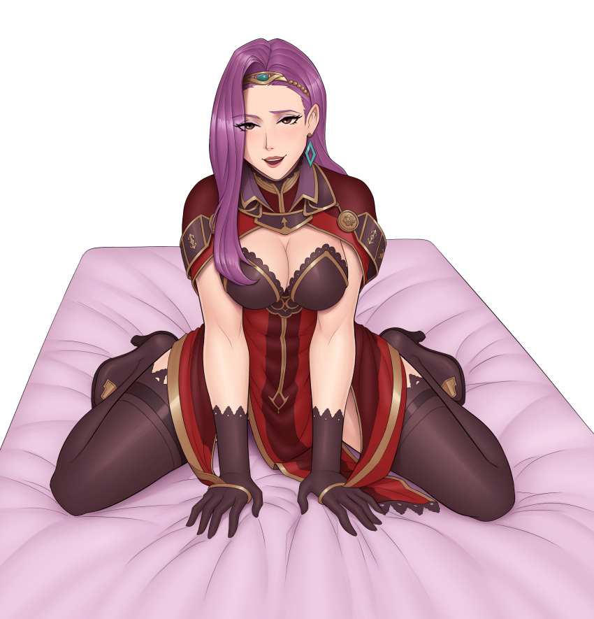 1girls absurdres alternate_version_available anon_bardos anonbardos bangs bed bed_sheet blush breasts brown_eyes clothed clothed_female commission earrings eyeshadow female female_only fire_emblem fire_emblem_echoes:_shadows_of_valentia gloves highres jewelry kneeling large_breasts long_hair looking_at_viewer makeup mature_female nintendo non-web_source on_bed purple_hair smile sonya_(fire_emblem) thighhighs tiara