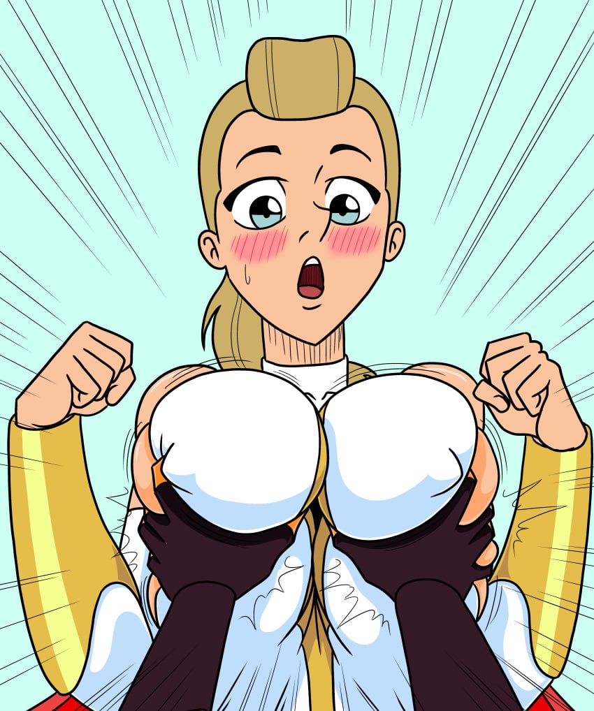 2020s 2022 2girls absurd_res adora alternate_version_available armor blonde_female blonde_hair blue_background blue_eyes blush bracer breast_grab breast_squeeze breasts breasts_bigger_than_head canon_couple cape catra cyan_background duo embarrassed female female_only fingerless_gloves fists gloves groping groping_breasts huge_breasts human leotard light-skinned_female light_skin long_gloves long_hair motion_lines open_mouth ponytail purple_gloves red_cape she-ra she-ra_and_the_princesses_of_power shocked simple_background surprised thathornybastard white_gloves white_leotard yuri