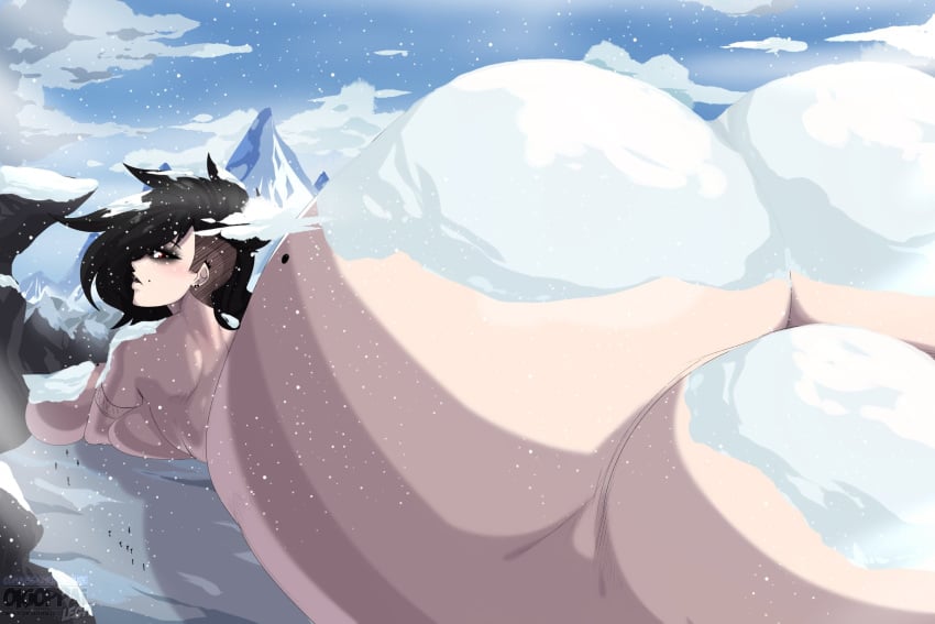 1girls ass big_ass bubble_ass bubble_butt giantess huge_ass huge_butt macro massive_ass mountain okioppai pandora_(okioppai) snow thick_ass thick_thighs