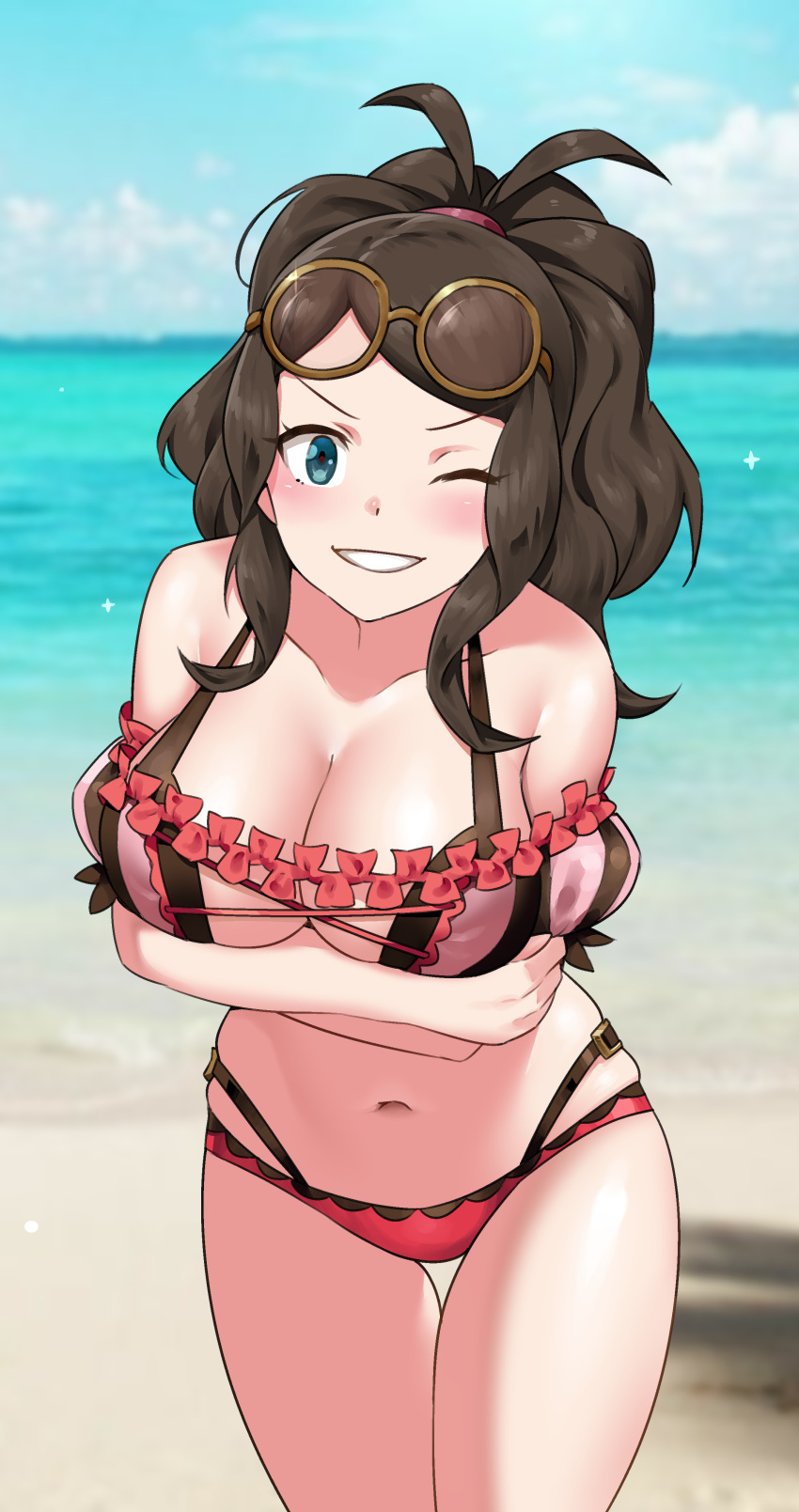 1girls absurdres alternate_costume beach bikini blue_eyes blush breasts cleavage commission cosplay female female_only fire_emblem fire_emblem:_three_houses fire_emblem_heroes highres hilda_(pokemon) hilda_valentine_goneril hilda_valentine_goneril_(cosplay) igni_tion large_breasts long_hair looking_at_viewer midriff nintendo one_eye_closed pink_bikini pink_swimsuit pokemon pokemon_(game) pokemon_bw smile solo swimsuit