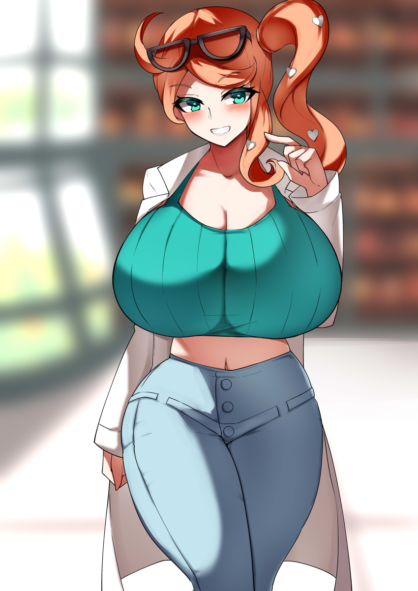 1girls alternate_breast_size aqua_eyes breasts breasts_bigger_than_head clothed clothing female glasses glasses_on_head hartman_hips hips hourglass_figure huge_breasts large_breasts long_hair massive_breasts naughty_face nintendo orange_hair pokemon pokemon_ss side_ponytail slim_waist smile sonia_(pokemon) tea_texiamato wide_hips