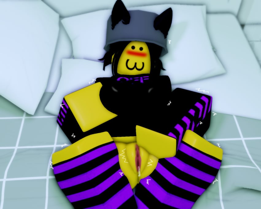 1girls 3d :3 black_hair blush cat_ears clothed horny lea_(utrenkl) leo_(utrenkl) pot pussy pussy_juice_drip roblox robloxian rule_63 skizzo solo source_request spread_legs spread_pussy tagme thighhighs wet wet_pussy yellow_skin