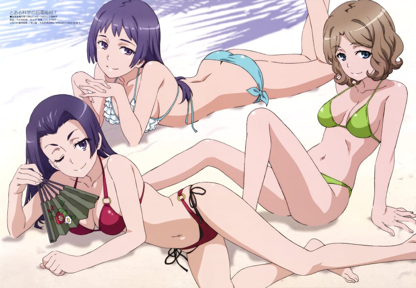 2020 2020s 3girls ;) absurd_res arm_support ass ass_cleavage awatsuki_maaya bangs bare_shoulders barefoot beach bikini black_eyes black_hair blue_bikini blue_eyes breasts brown_hair butt_crack cleavage collarbone day feet female_focus folding_fan frilled_bikini frills green_bikini hand_fan hi_res hiyamizu_yukie kongou_mitsuko large_breasts layered_bikini long_hair looking_at_viewer lying magazine_scan medium_breasts megami_magazine multiple_girls navel o-ring o-ring_bikini official_art on_stomach one_eye_closed outdoors own_hands_clasped own_hands_together parted_bangs purple_eyes purple_hair red_bikini sand scan shiny shiny_hair short_hair side-tie_bikini_bottom sitting skindentation smile swimsuit teenage_girl teenager the_pose to_aru_kagaku_no_railgun toes wannai_kinuho water young