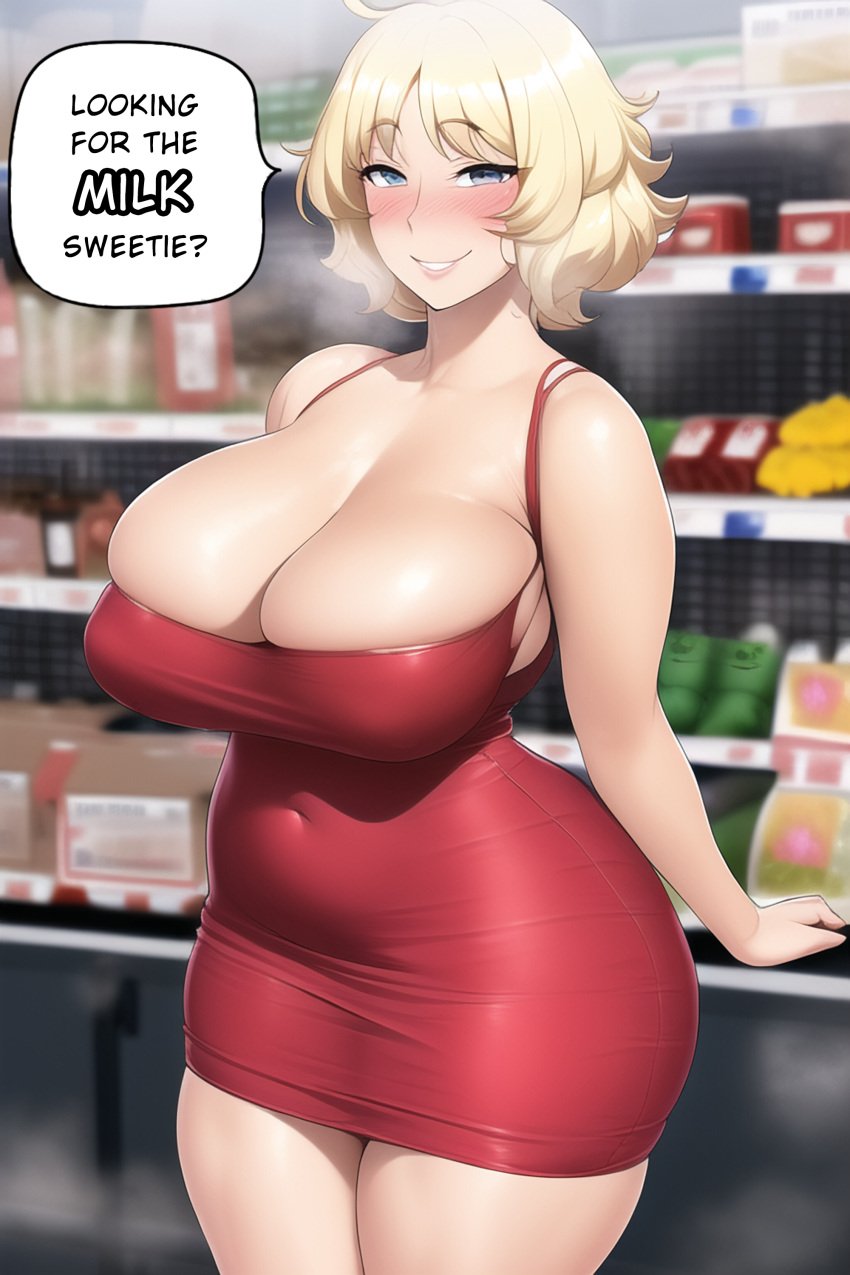 1girls ai_generated big_breasts blonde_female blonde_hair blonde_hair_female blue_eyes blush blush_lines blushing_at_viewer breasts_bigger_than_head curvy curvy_body curvy_female curvy_females curvy_figure curvy_milf huge_breasts latex latex_dress latex_suit mall market massive_breasts messy_hair milf milk mommy mommy_kink presenting_breasts red_dress shopping short_hair smile smirk smirking smirking_at_viewer speech_bubble stable_diffusion store supermarket teasing teasing_viewer thick_thighs tight_clothes tight_clothing tight_dress tight_fit