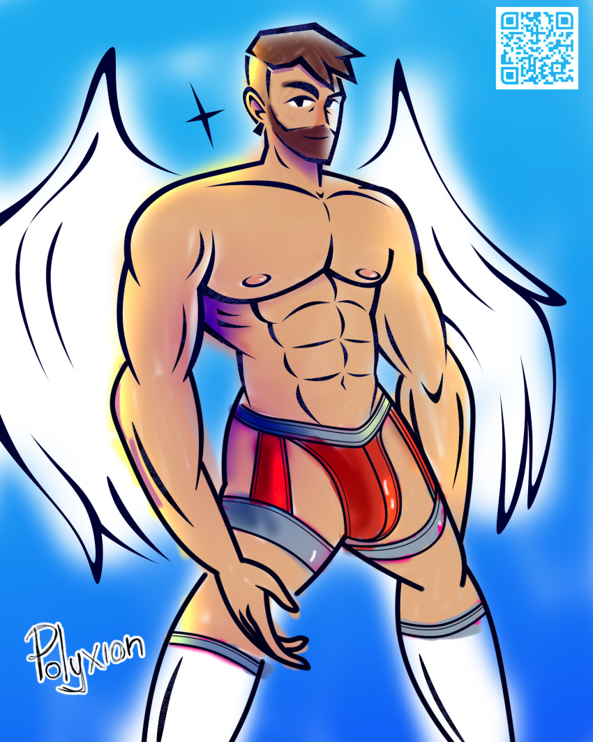 abs abs_focus angel angel_wings blue_background brown_hair gay jockstrap male male_focus male_only muscular muscular_male polyxion red_jockstrap simple_background simple_coloring simple_shading white_legwear white_skin white_wings